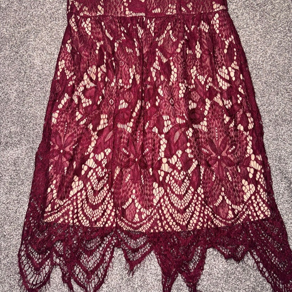 Women's Long Sleeve Maroon Lace Overlay Dress w/ Nude Lining - Picture 2 of 12